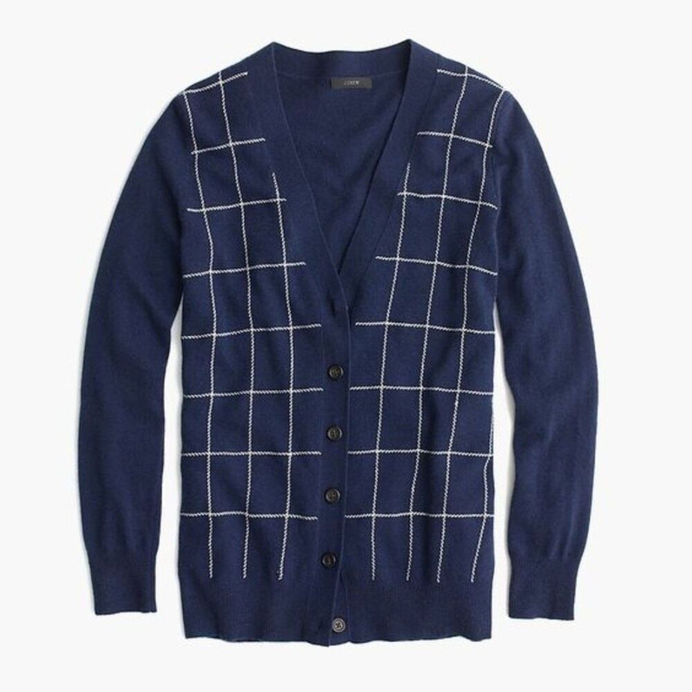 J.Crew Wool Cashmere Windowpane Plaid Cardigan Sweater Navy Blue XS EUC - Picture 3 of 12